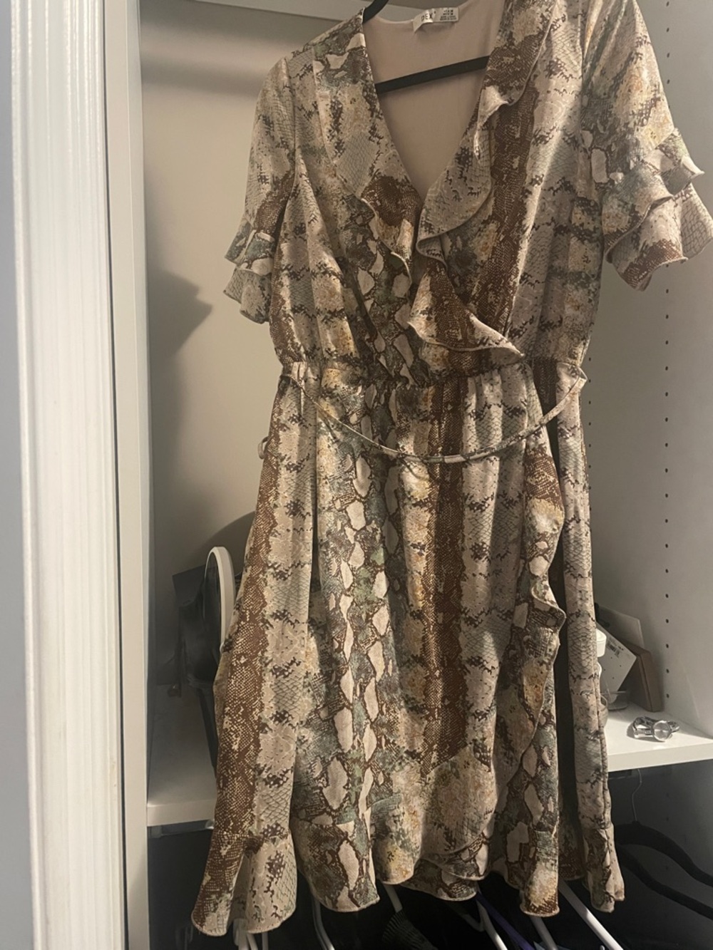 Dex Snake-Print Ruffle Wrap Maxi Dress in Brown and Cream